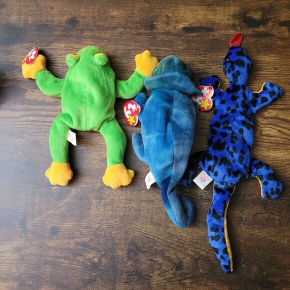 Ty Beanie Babies Rainbow Smoochy Frog Scaley The Lizard PVC Pellets Vintage NWT - Picture 2 of 10